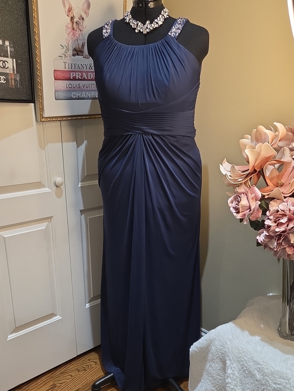 Nwt 18 David's Bridal Navy Beaded-Strap Evening Gown $169